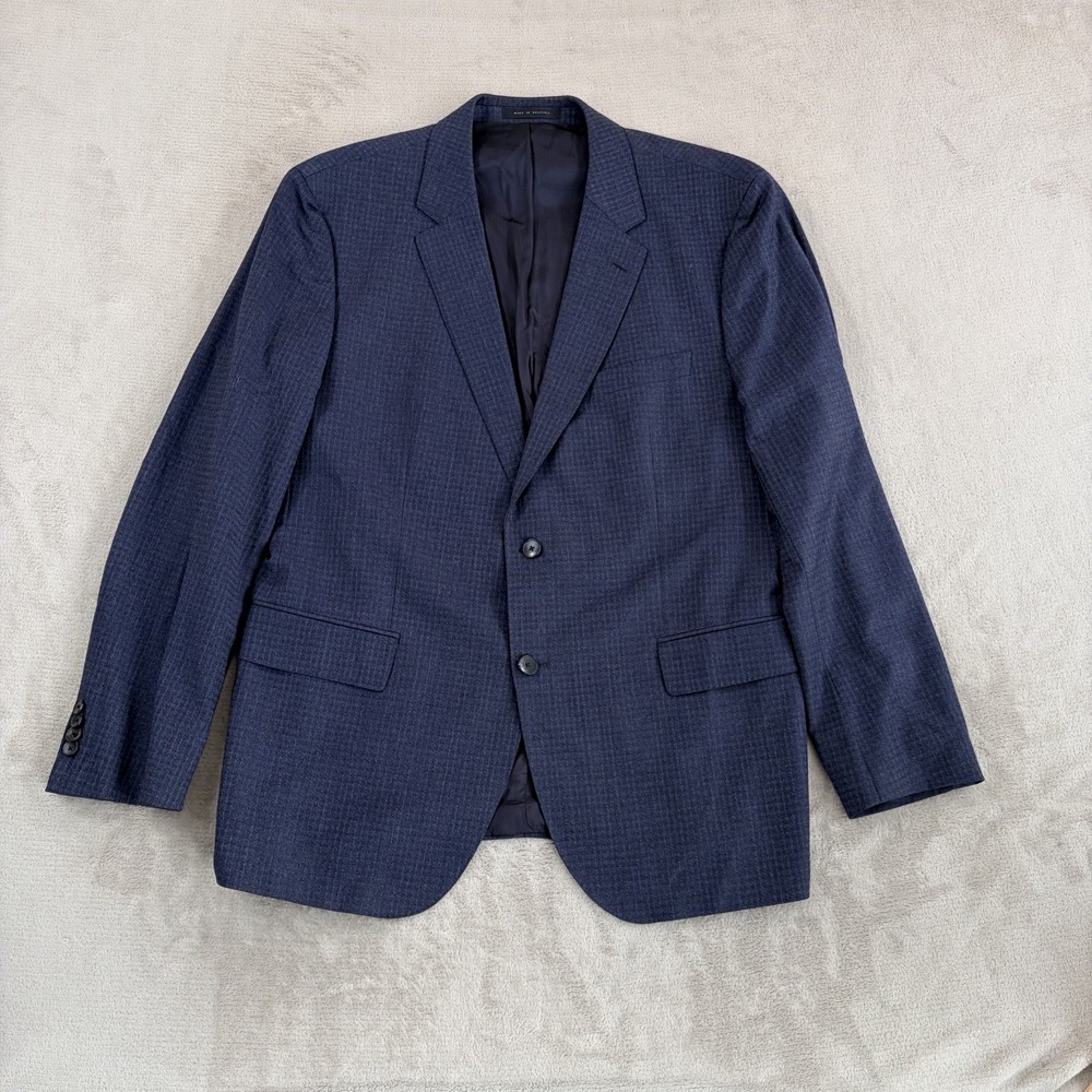 BOSS Hugo Boss Blazer Sport Coat Jacket in Blue Grey Stretch Wool Check Men 46R